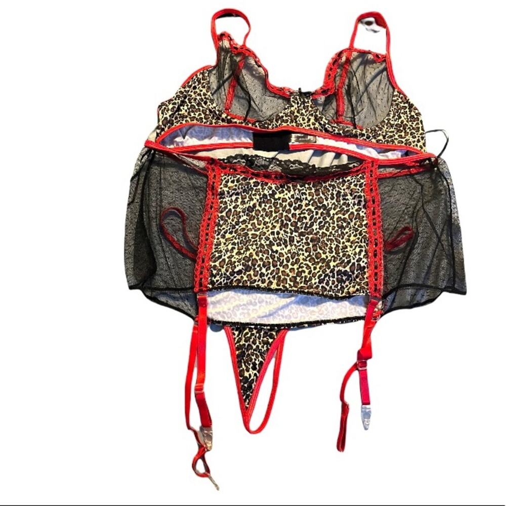 NWT Fantasy Red Trimmed Leopard Piece Bra and Panty Set